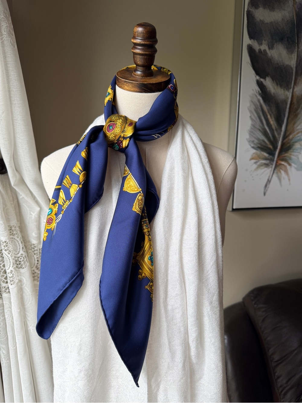 Hermes Navy & Gold Silk-Look Scarf with Jewel Motif - Picture 3 of 5